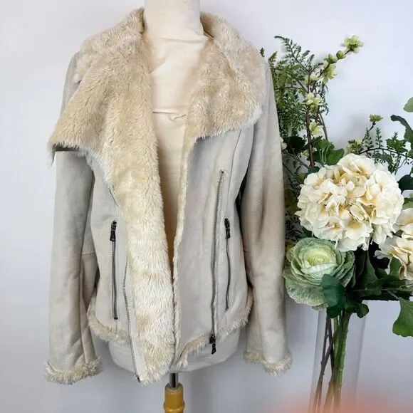 Express Faux Suede Moto Jacket Cream Shearling Collar Zip Front Large - Picture 5 of 13